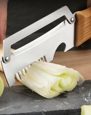 Problems Solved wooden vegetable peeler with ergonomic handle, featuring a sharp blade for efficient peeling of fruits and vegetables.