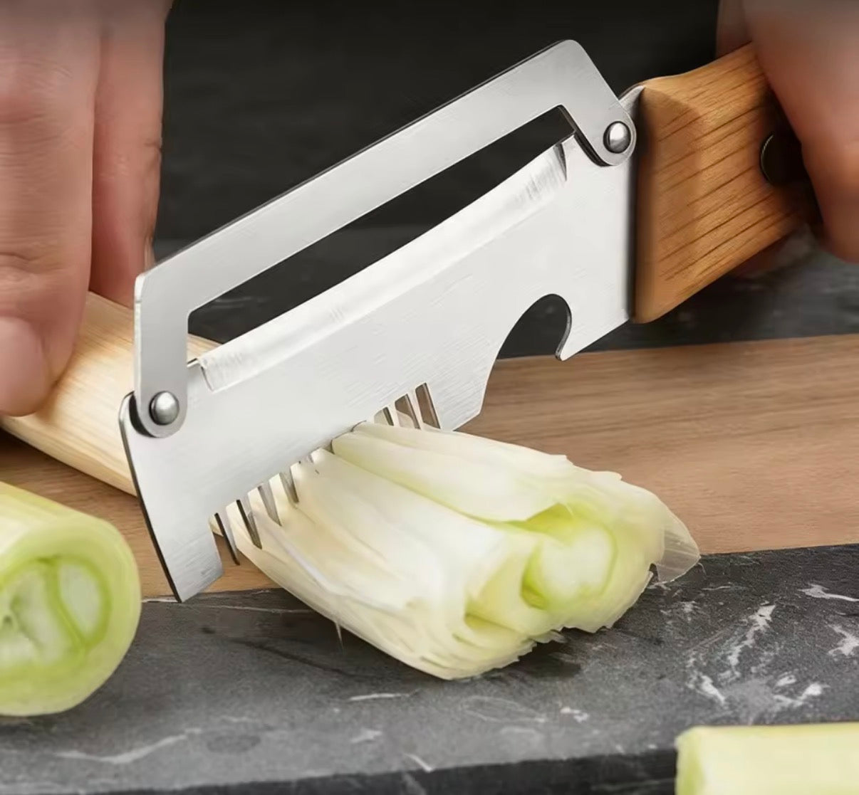 Problems Solved wooden vegetable peeler with ergonomic handle, featuring a sharp blade for efficient peeling of fruits and vegetables.