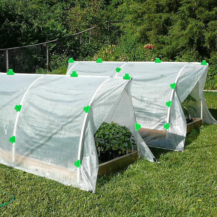 Pack of 50 Problems Solved green greenhouse clamps, 11mm diameter polytunnel plant clips for garden support and stability.