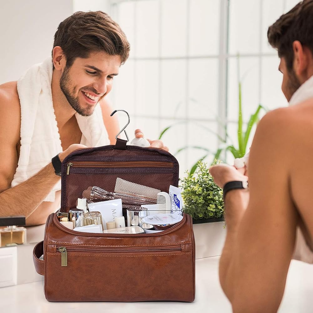 Dark brown leather toiletry bag for men by Problems Solved, ideal for travel, gym, and shaving essentials.