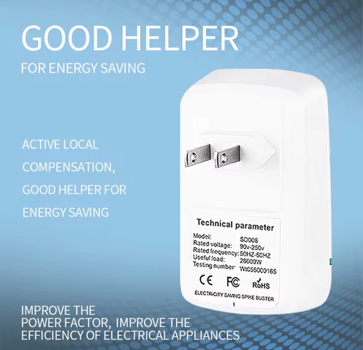 Problems Solved Pro Electricity Saving Box with EU plug, compact design, and indicator lights for home and office energy saving.