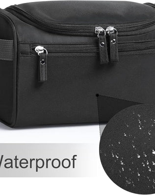 Problems Solved hanging toiletry bag with waterproof design, compact travel wash bag for bathroom and toiletries storage.