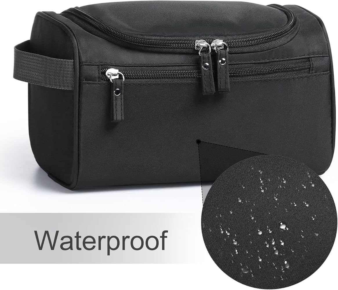 Problems Solved hanging toiletry bag with waterproof design, compact travel wash bag for bathroom and toiletries storage.