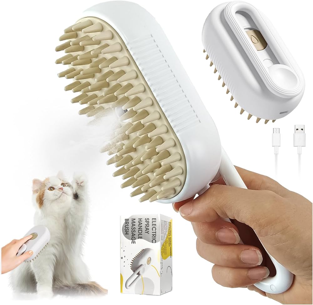 Rechargeable 3-in-1 multifunctional cat grooming brush by Problems Solved with ergonomic design and cleaning bristles.