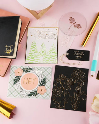 Problems Solved hot foil pens and foil roll set for card making, scrapbooking, and craft projects, featuring heated foil drawing pens.