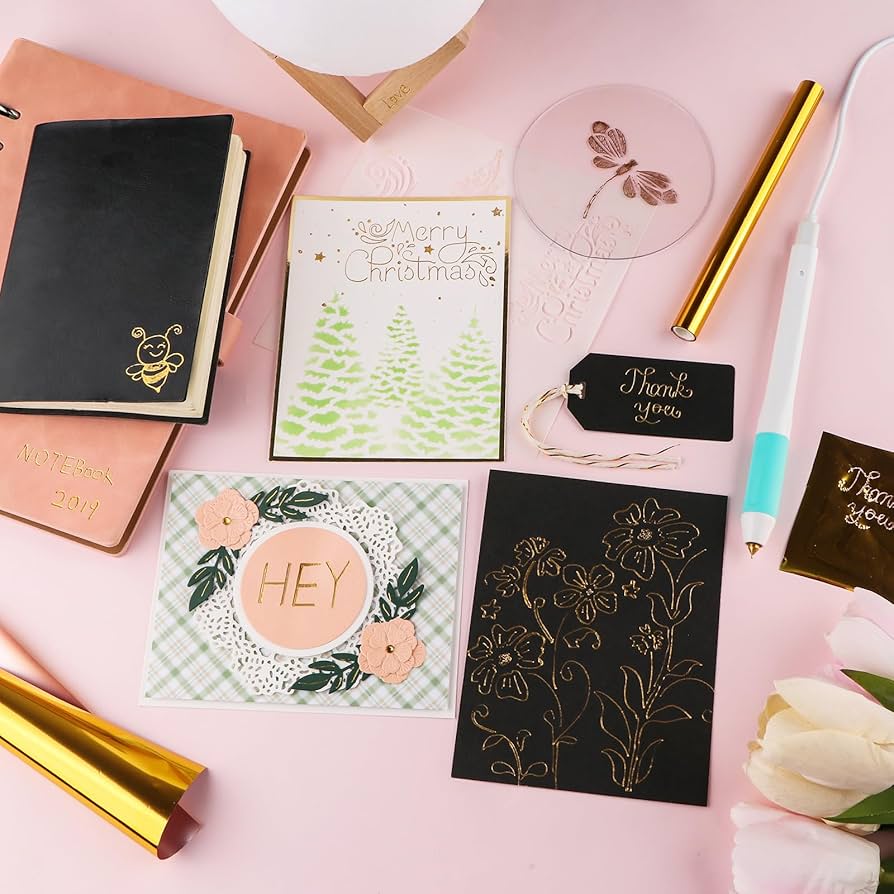 Problems Solved hot foil pens and foil roll set for card making, scrapbooking, and craft projects, featuring heated foil drawing pens.