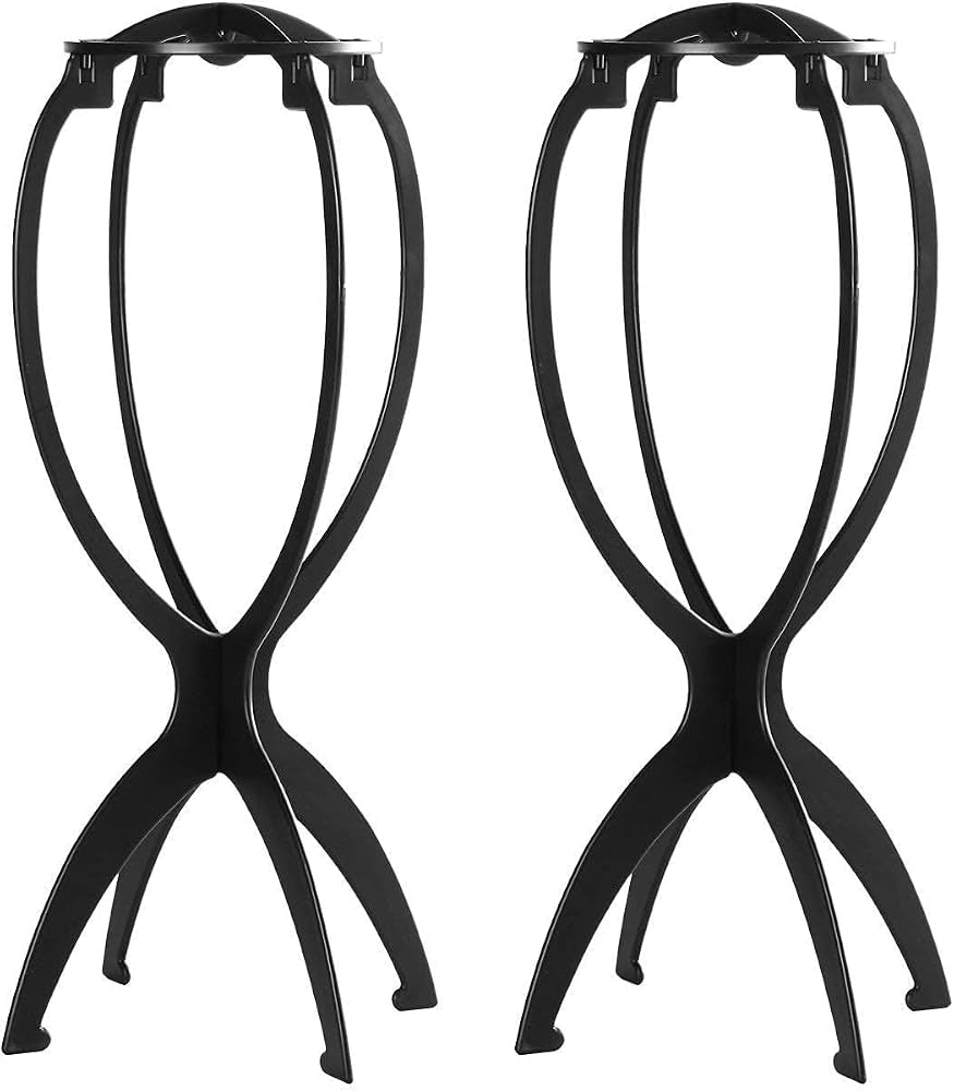 Two Problems Solved wig stands for short wigs, featuring mannequin heads with realistic facial features and adjustable stands.