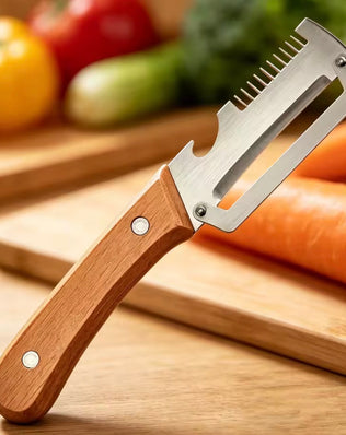 Problems Solved wooden vegetable peeler with ergonomic handle, designed for peeling fruits and vegetables efficiently.