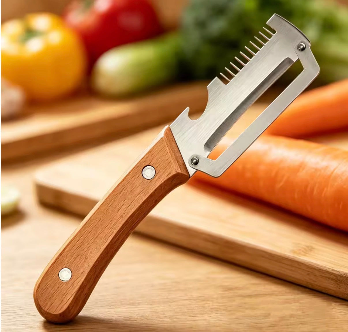 Problems Solved wooden vegetable peeler with ergonomic handle, designed for peeling fruits and vegetables efficiently.