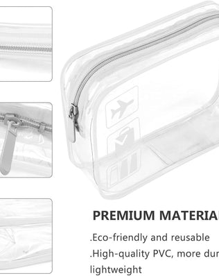 Clear travel toiletry bag by Problems Solved, TSA approved quart size carry-on bag for liquids, looks transparent with zipper closure.