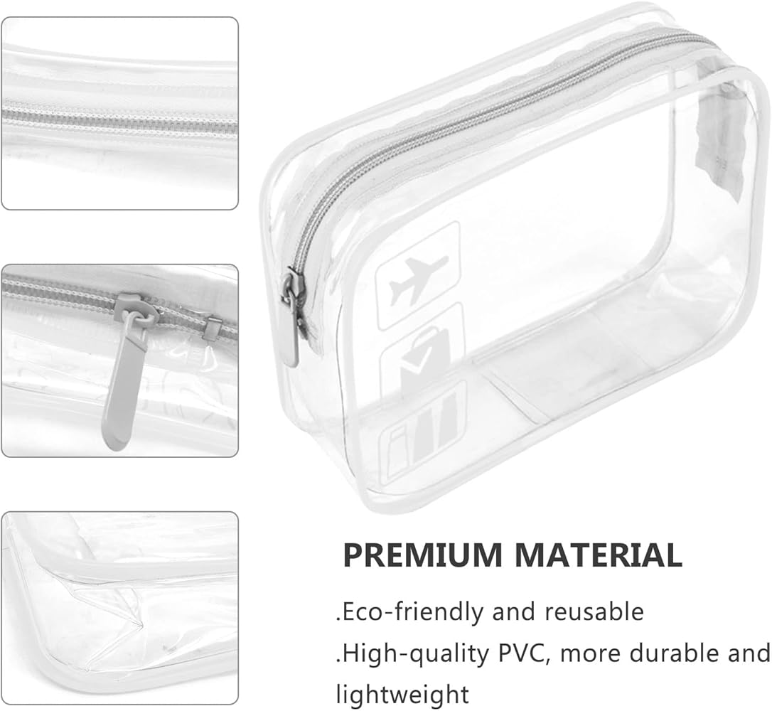 Clear travel toiletry bag by Problems Solved, TSA approved quart size carry-on bag for liquids, looks transparent with zipper closure.