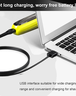 5V charging cable for Philips OneBlade from Problems Solved, shown connected to the razor for easy charging.
