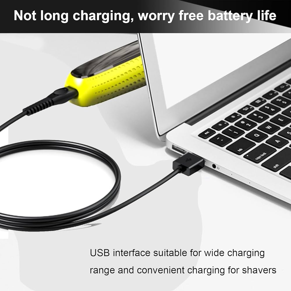 5V charging cable for Philips OneBlade from Problems Solved, shown connected to the razor for easy charging.