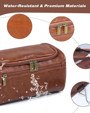Dark brown leather men's toiletry bag for travel, gym, and shaving by Problems Solved, shown open with interior compartments.