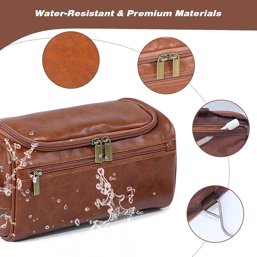 Dark brown leather men's toiletry bag for travel, gym, and shaving by Problems Solved, shown open with interior compartments.