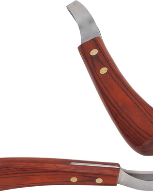 Problems Solved hoof knife with wooden handle, a farrier tool for trimming horse hooves, featuring a sharp cutting blade.