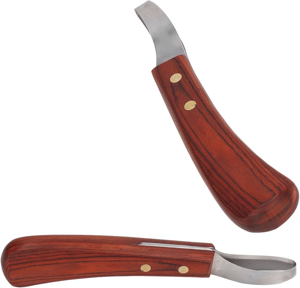 Problems Solved hoof knife with wooden handle, a farrier tool for trimming horse hooves, featuring a sharp cutting blade.