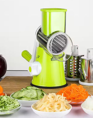 Problems Solved vegetable and fruit slicer grater benchtop drum cutter with multiple blades for versatile slicing and grating.