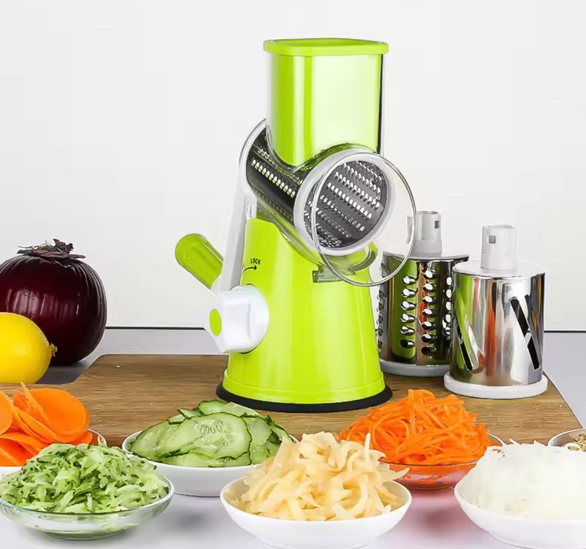 Problems Solved vegetable and fruit slicer grater benchtop drum cutter with multiple blades for versatile slicing and grating.