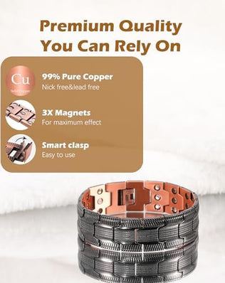 Solid copper magnetic bracelet for men with three ultra-strength magnets, featuring 3500 Gauss magnetic therapy design.