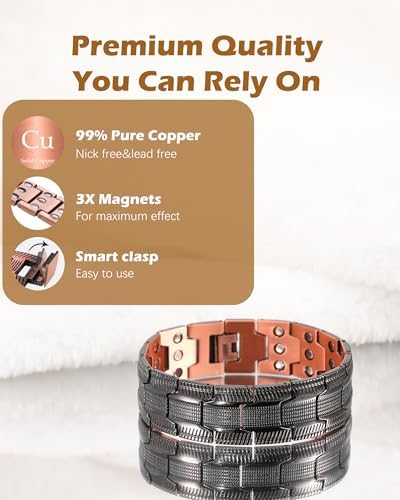 Solid copper magnetic bracelet for men with three ultra-strength magnets, featuring 3500 Gauss magnetic therapy design.