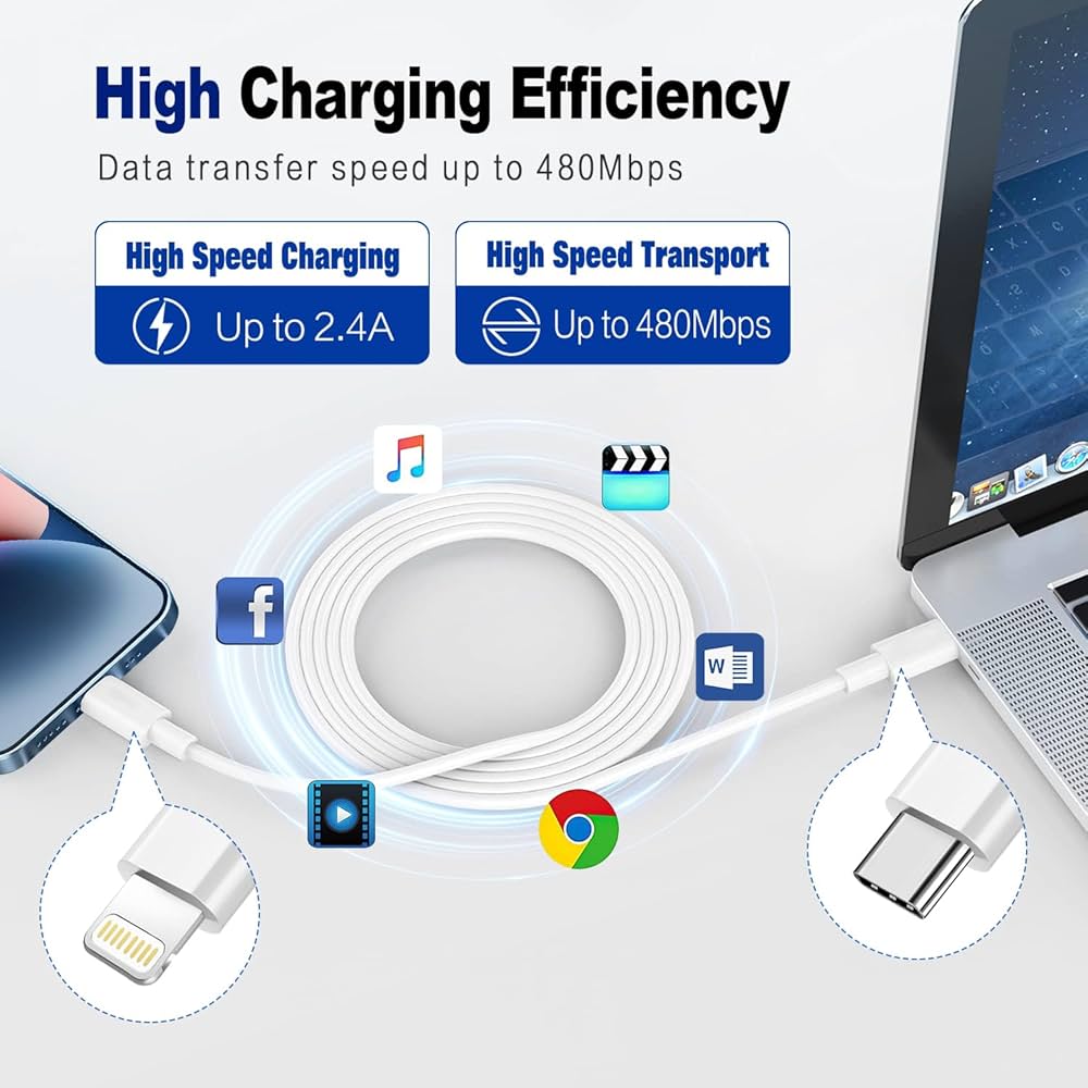 Problems Solved 1M USB C to Lightning cables, Apple MFi certified, for fast iPhone charging, shown in a 2-pack with connectors visible.