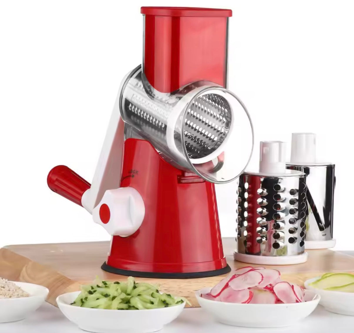 Problems Solved vegetable and fruit slicer grater benchtop drum cutter with stainless steel blades for versatile food preparation.