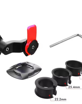 Adjustable Problems Solved motorcycle bike phone holder stand securely gripping a smartphone on a motorcycle handlebar.