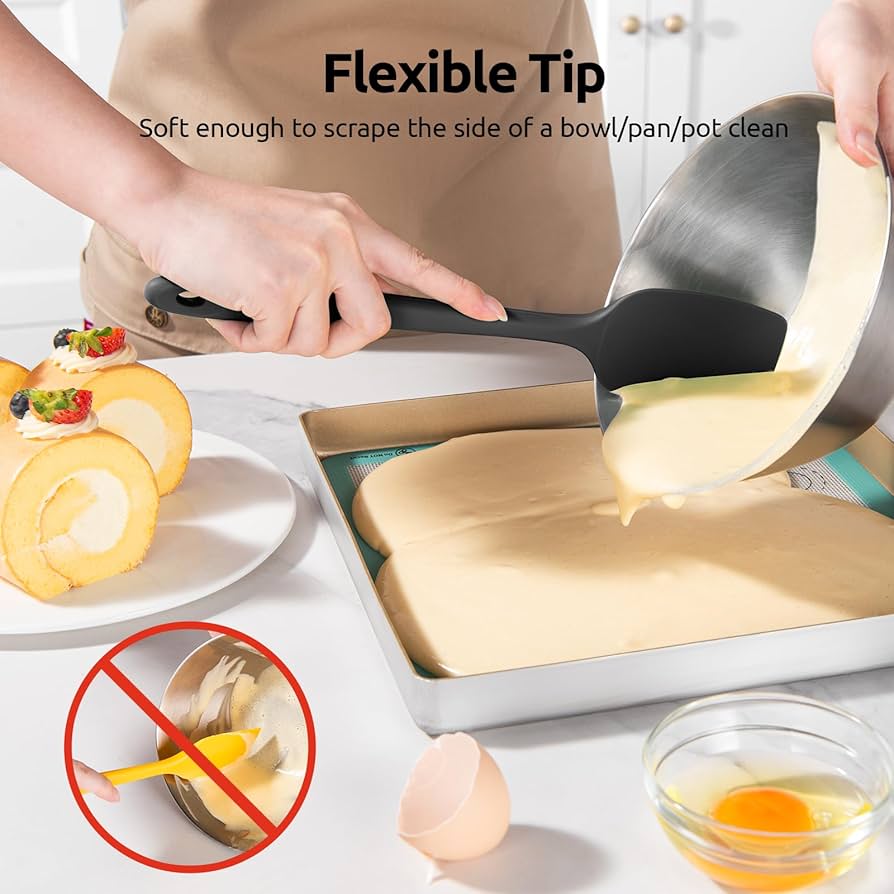 Problems Solved silicone spatula set of 4, heat-resistant up to 315°C, flexible kitchen utensils shown with colorful handles.