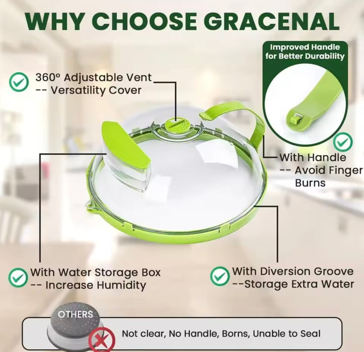 Clear microwave food cover with water steamer and handle by Problems Solved, designed to prevent splatters during heating.