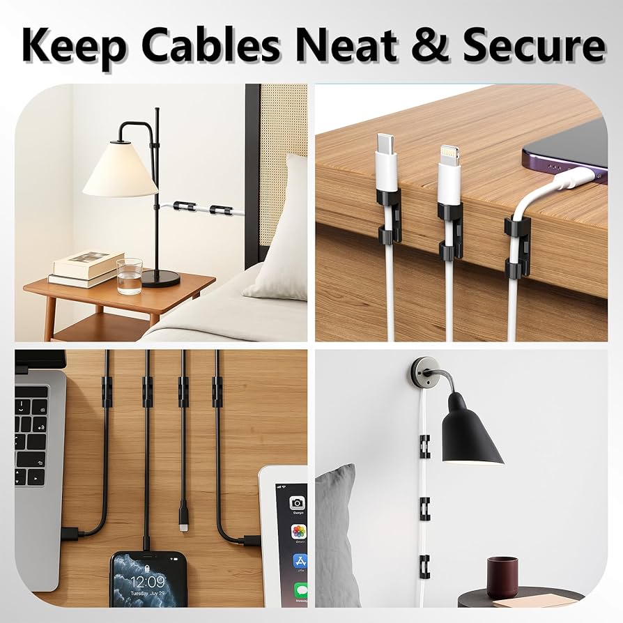 Problems Solved 40-pack cable clips for wire management, adhesive back, ideal for home and office cable organization.
