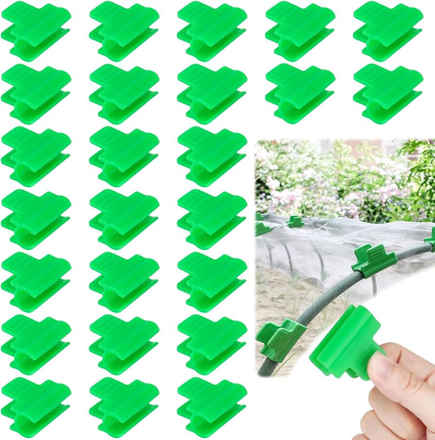 Pack of 50 Problems Solved green greenhouse clamps with 11mm diameter polytunnel plant clips for garden support.