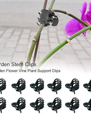 Problems Solved 100-pack plant support clips for garden flower stems, plastic mini stalk clips for gardening and plant support.