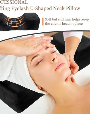 Black velvet eyelash extension pillow by Problems Solved with memory foam neck support for salon comfort and eyelash application.