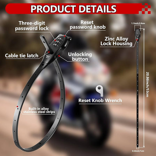 Problems Solved 3-digit combination cable lock with adjustable zip tie style shown securing a bike rack for theft prevention.