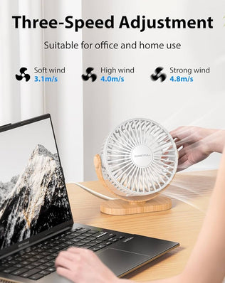 Small Problems Solved USB desk fan with three speed settings, compact and silent, personal desktop fan for cooling and comfort.