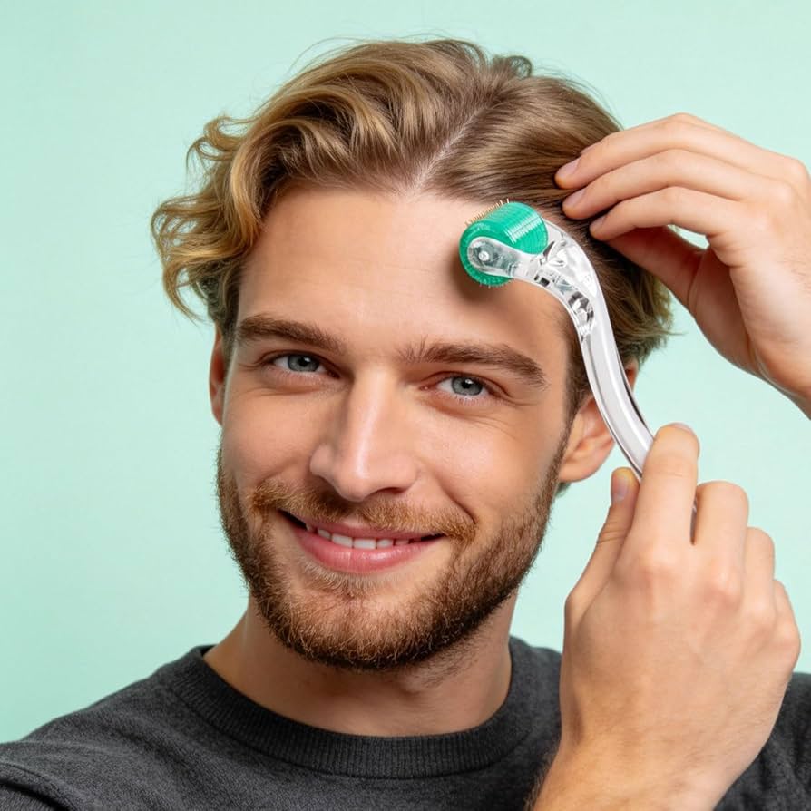 Problems Solved Derma Roller 1.0mm with individual titanium micro needles, showing the handheld device with fine needle tips.