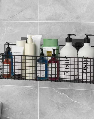 Problems Solved multifunctional bathroom organiser with no-punch design, featuring compartments for toiletries and bathroom essentials.