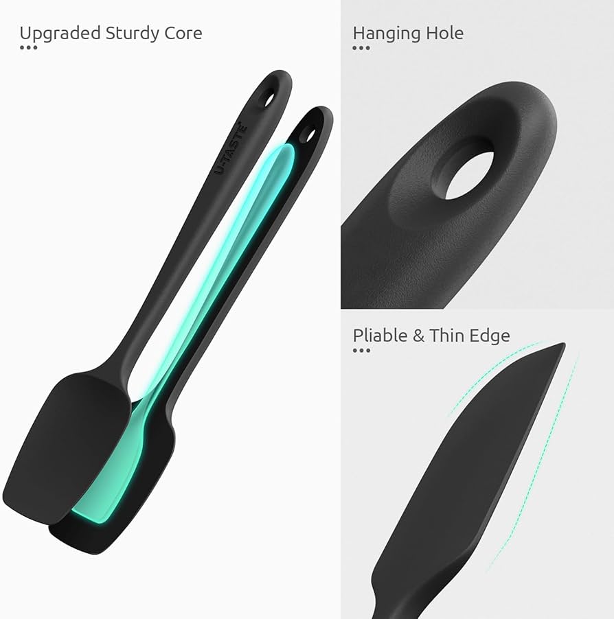 Problems Solved silicone spatula set of 4, heat-resistant to 315°C, flexible kitchen utensils with colorful handles on white background.