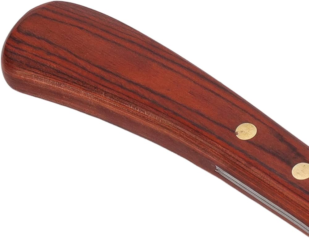 Problems Solved hoof knife with wooden handle, a farrier tool for trimming horse hooves, sharp blade for precise hoof cutting.