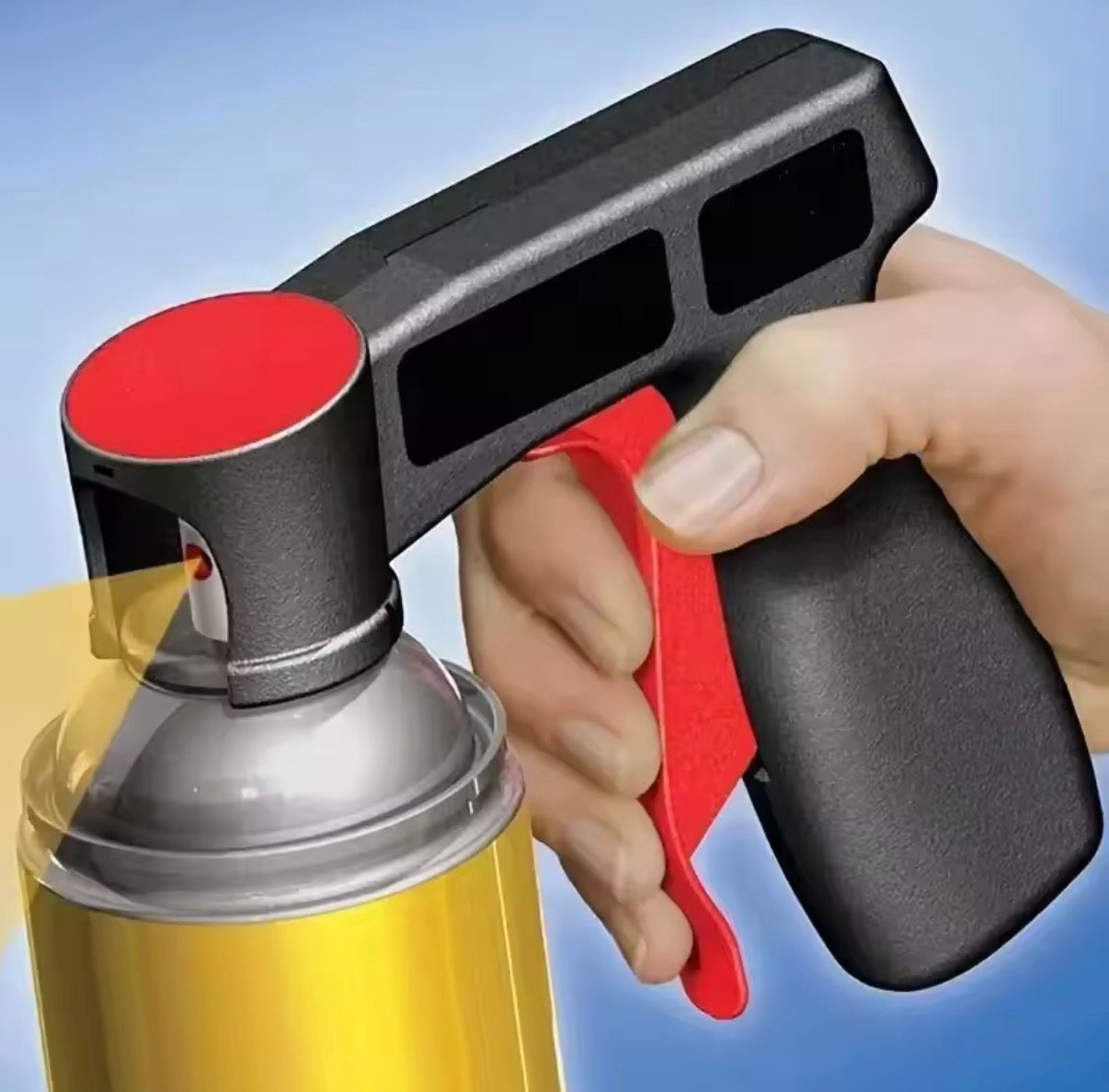 Plastic portable spray paint handle by Problems Solved, reusable and universal, shown attached to a spray paint can.