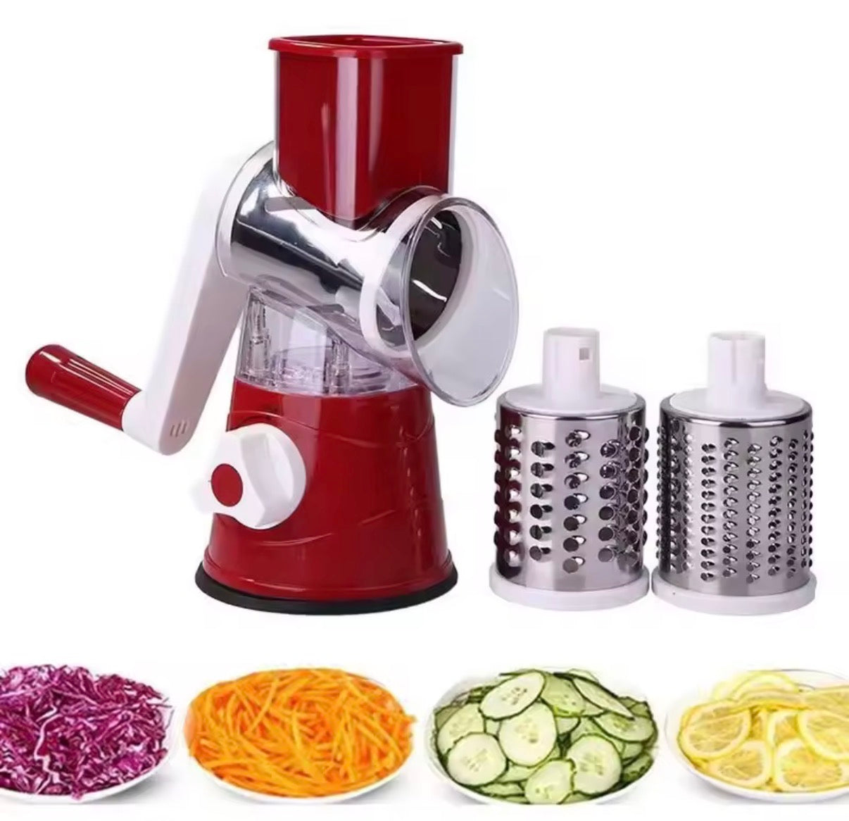 Problems Solved vegetable and fruit slicer and grater benchtop drum cutter with multiple blades for versatile kitchen use.