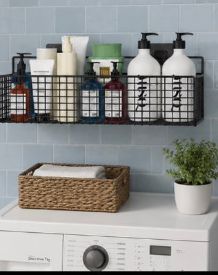 Problems Solved bathroom organiser with multiple compartments for toiletries, no-punch design, ideal for keeping bathroom essentials tidy.