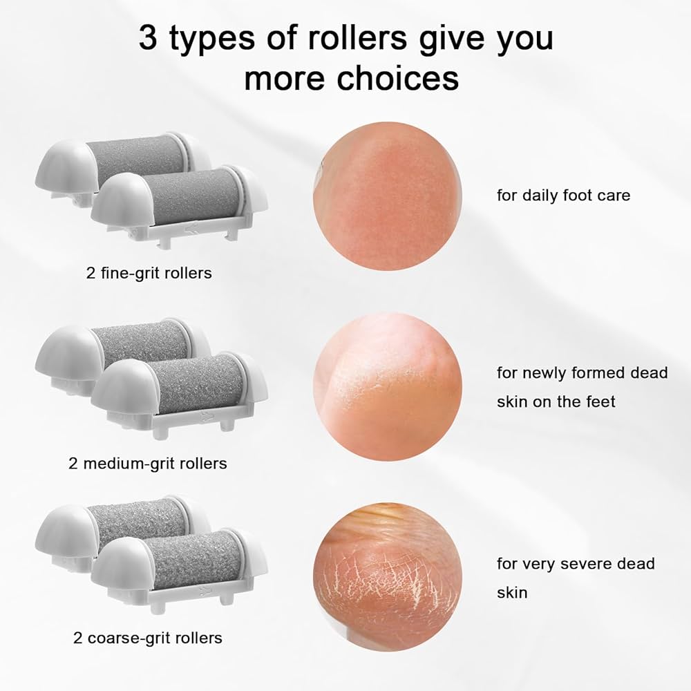 Six replacement roller refill heads for pedicure foot file by Problems Solved, showing textured abrasive surfaces for foot exfoliation.