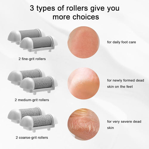 Six replacement roller refill heads for pedicure foot file by Problems Solved, showing textured abrasive surfaces for foot exfoliation.