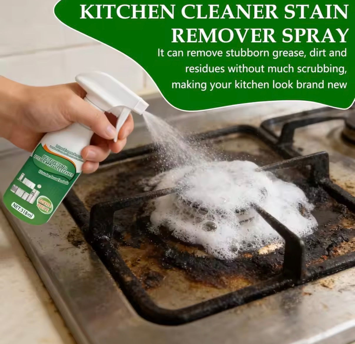 Problems Solved 2PCS kitchen and bathroom foaming remover spray bottles with white foam for cleaning surfaces and fixtures.