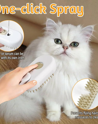 Problems Solved rechargeable 3-in-1 cat grooming brush with multiple functions and ergonomic design, shown in the image.