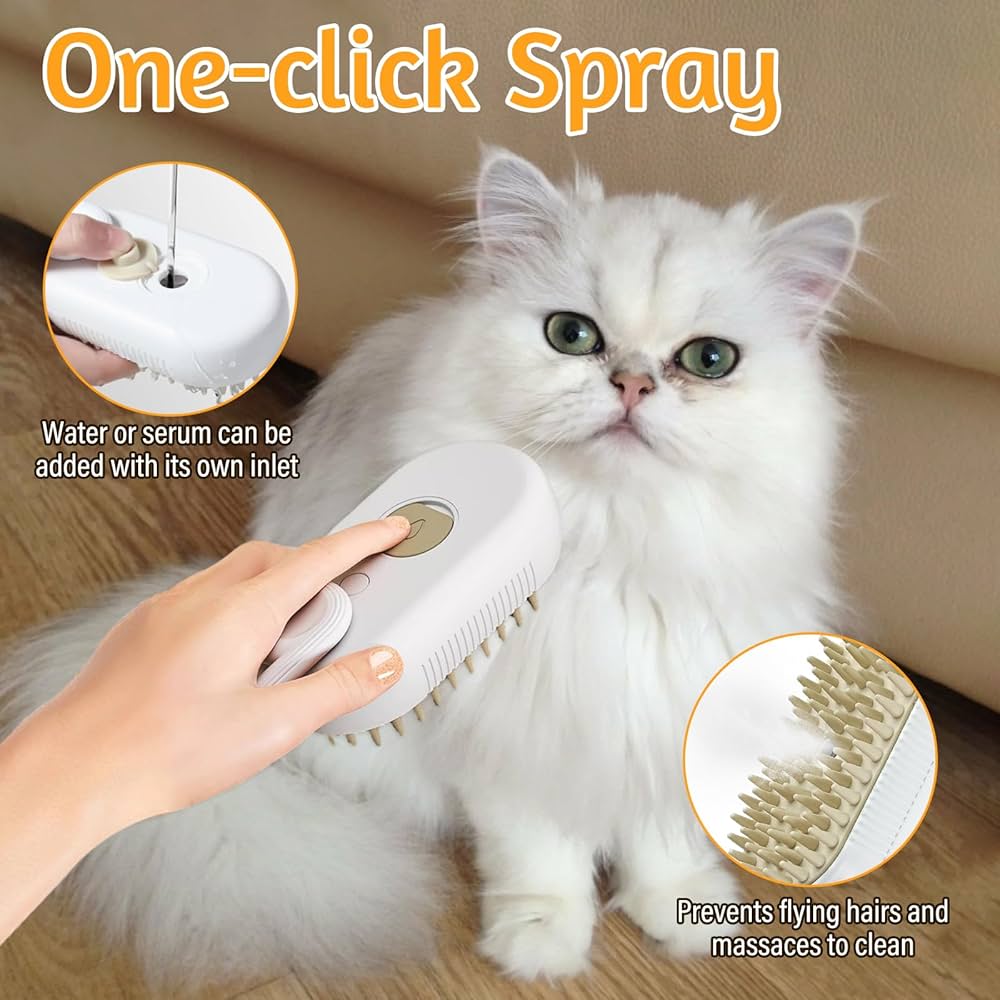 Problems Solved rechargeable 3-in-1 cat grooming brush with multiple functions and ergonomic design, shown in the image.