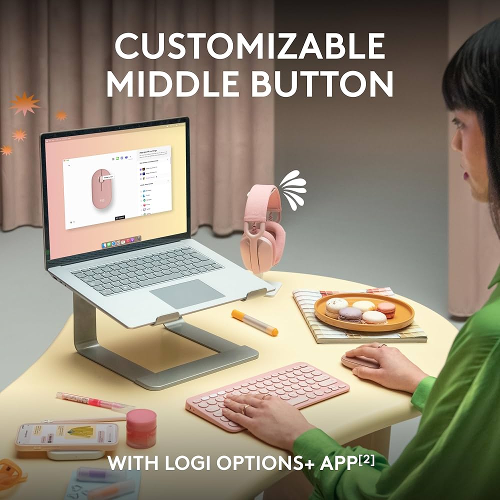 Logitech Pebble 2 M350s wireless Bluetooth mouse from Problems Solved, slim, portable, lightweight design on a neutral surface.