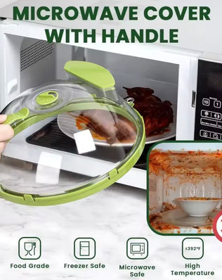 Clear microwave food cover with handle and water steamer for splatter prevention, by Problems Solved.